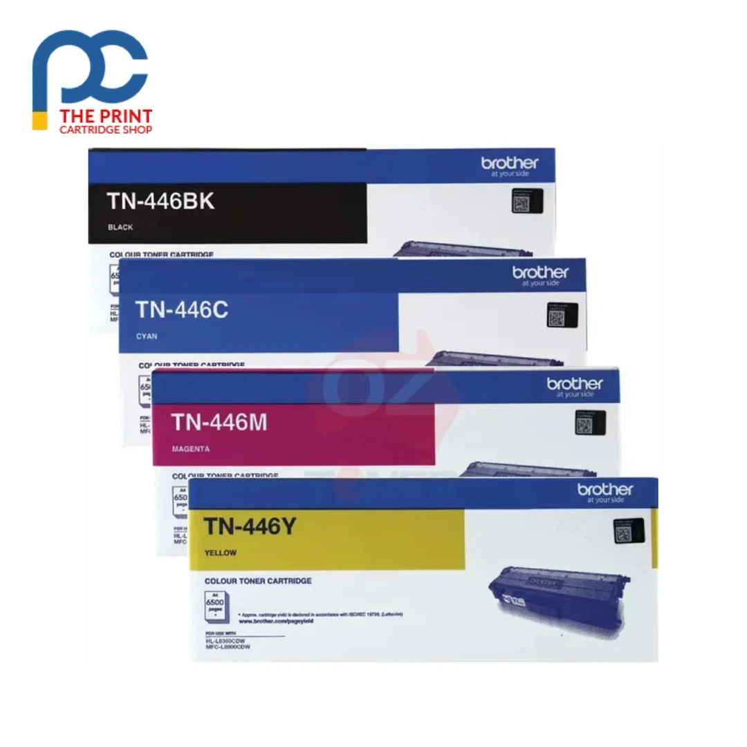 Original 4 Pack Brother TN-446 CMYK Toner Combo Pack on a white background