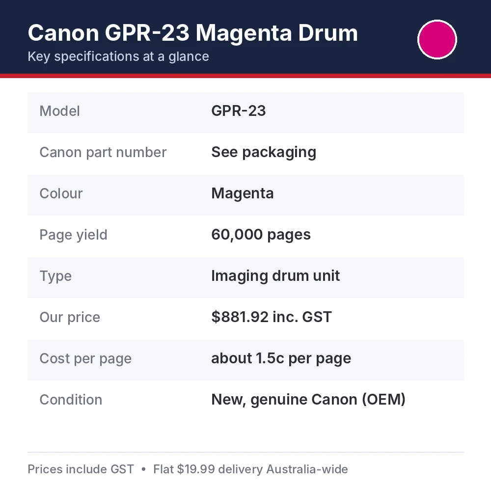 Canon GPR-23 Magenta Drum specifications: 60,000 pages yield, part GPR-23