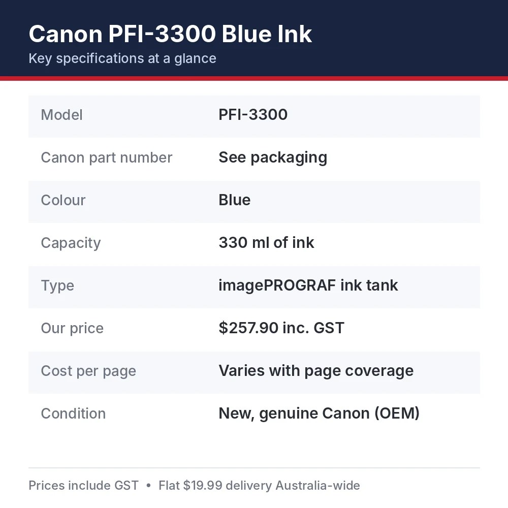 Canon PFI-3300 Blue Ink specifications: 330 ml of ink yield, part PFI-3300