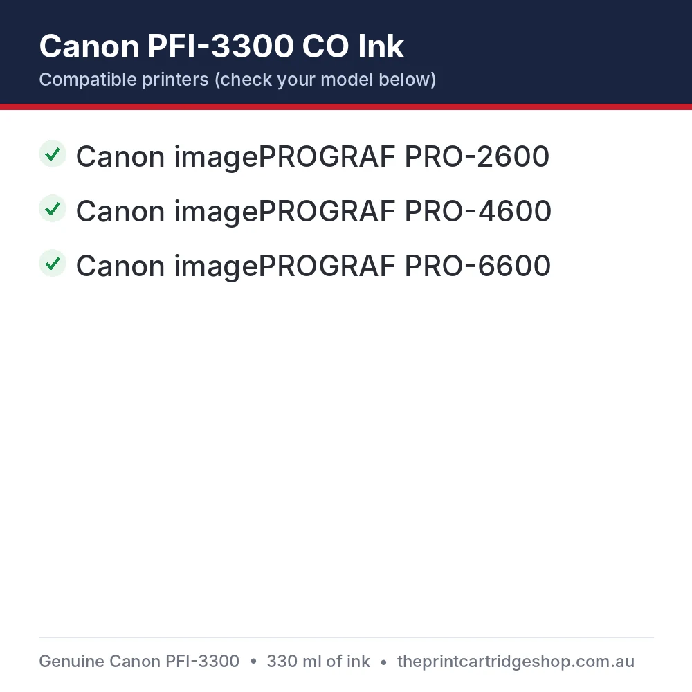 Canon PFI-3300 CO Ink compatible printers list