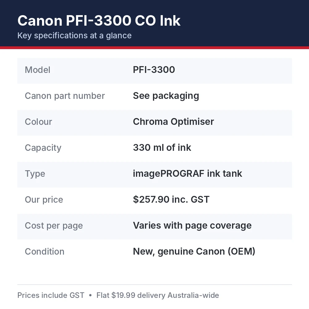 Canon PFI-3300 CO Ink specifications: 330 ml of ink yield, part PFI-3300