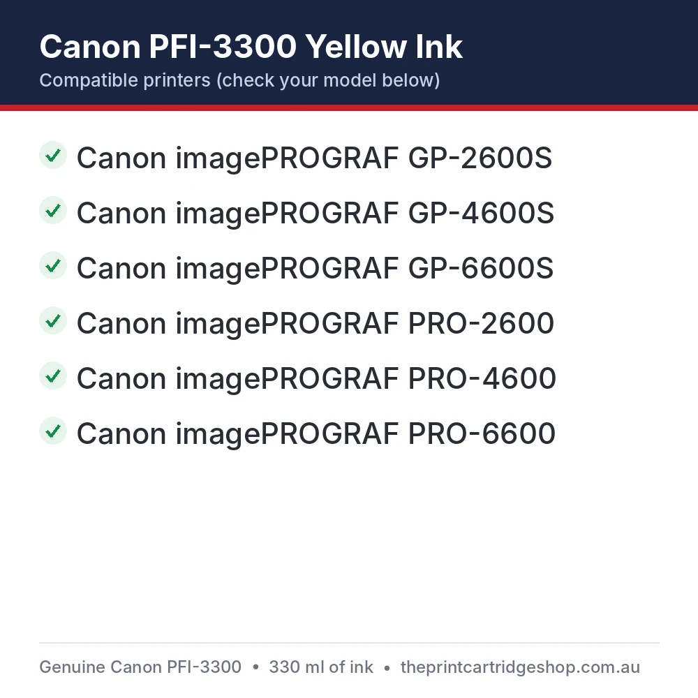 Canon PFI-3300 Yellow Ink compatible printers list