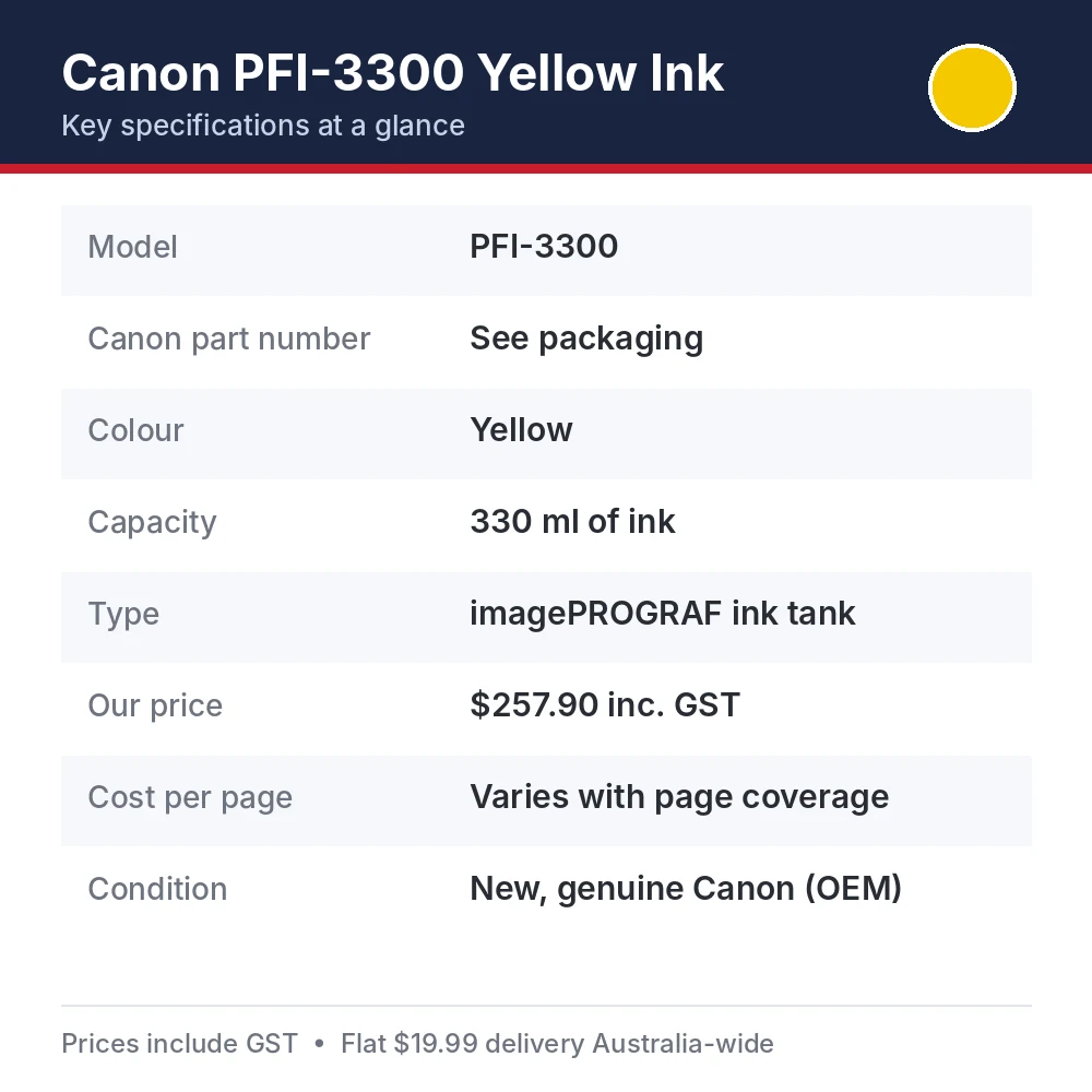 Canon PFI-3300 Yellow Ink specifications: 330 ml of ink yield, part PFI-3300