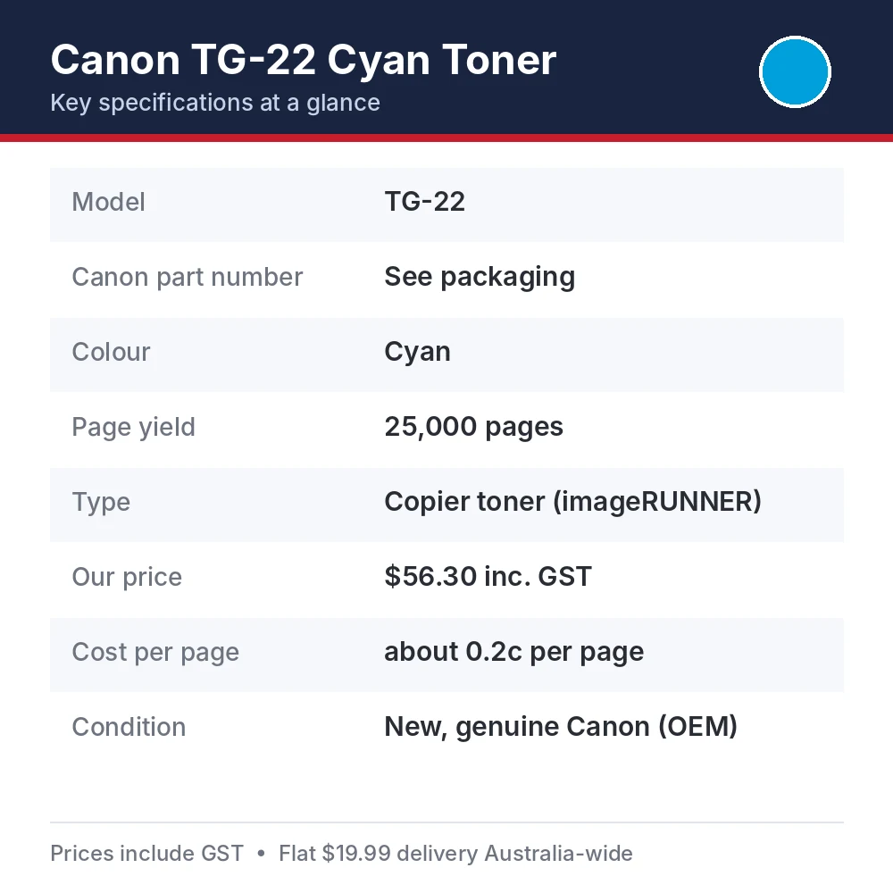 Canon TG-22 Cyan Toner specifications: 25,000 pages yield, part TG-22